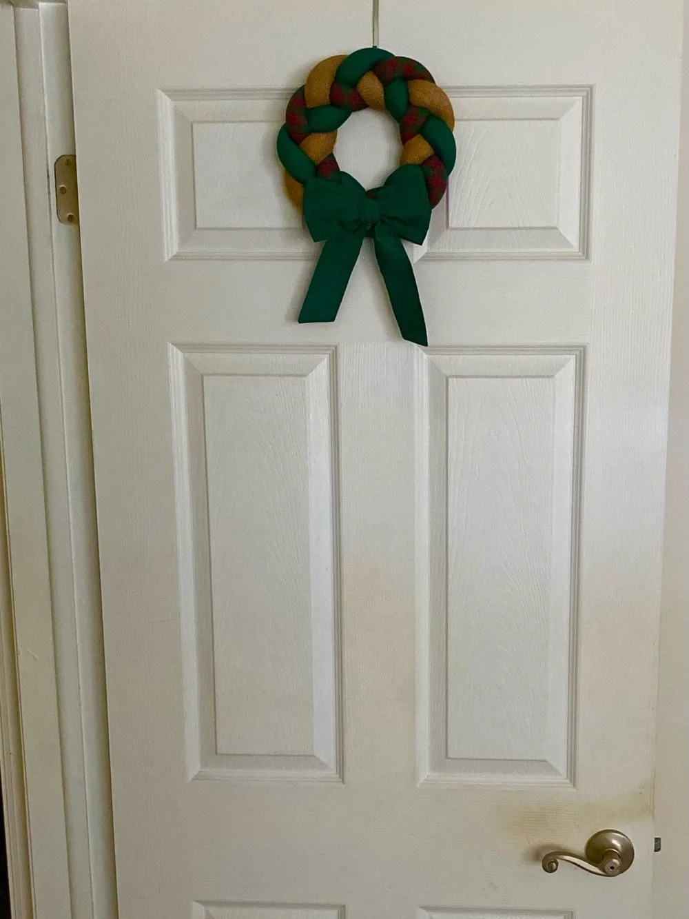 Handmade Green, Gold & Red Plaid Holiday Wreath with Green Bow